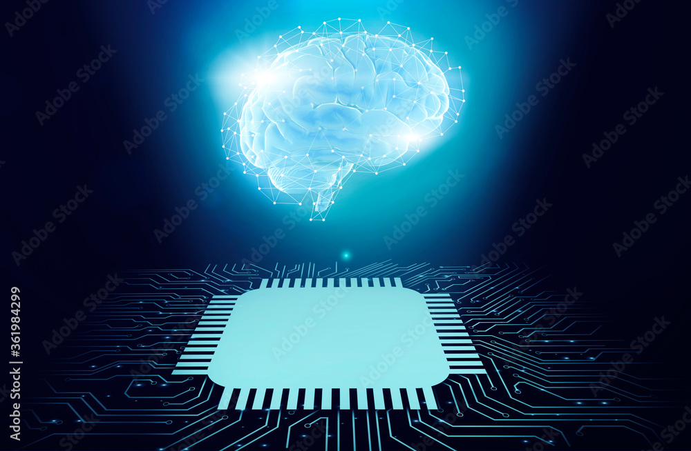 AI. 3D Rendering Of Gloving Digital Human Brain With Polygonal Connections