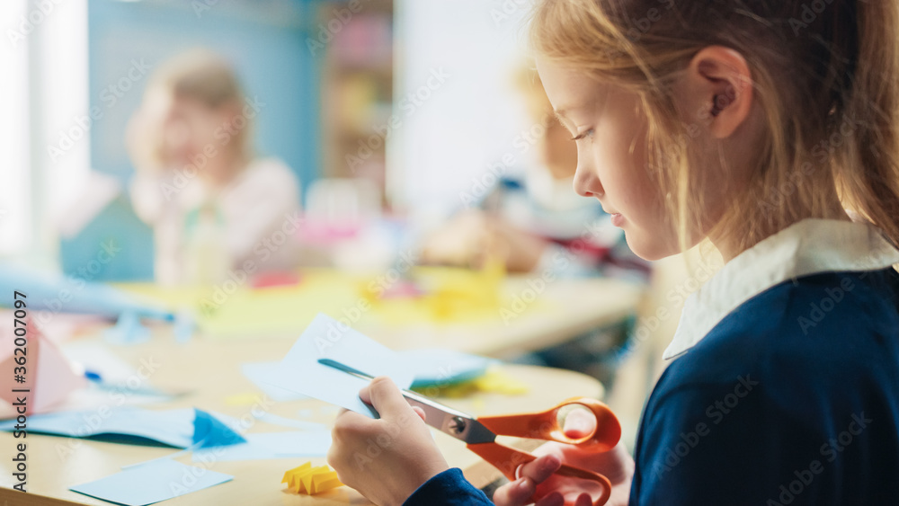 Elementary School Arts & Crafts Class: Over Shoulder of a Girl Has Fun  on the Handicraft Project, C