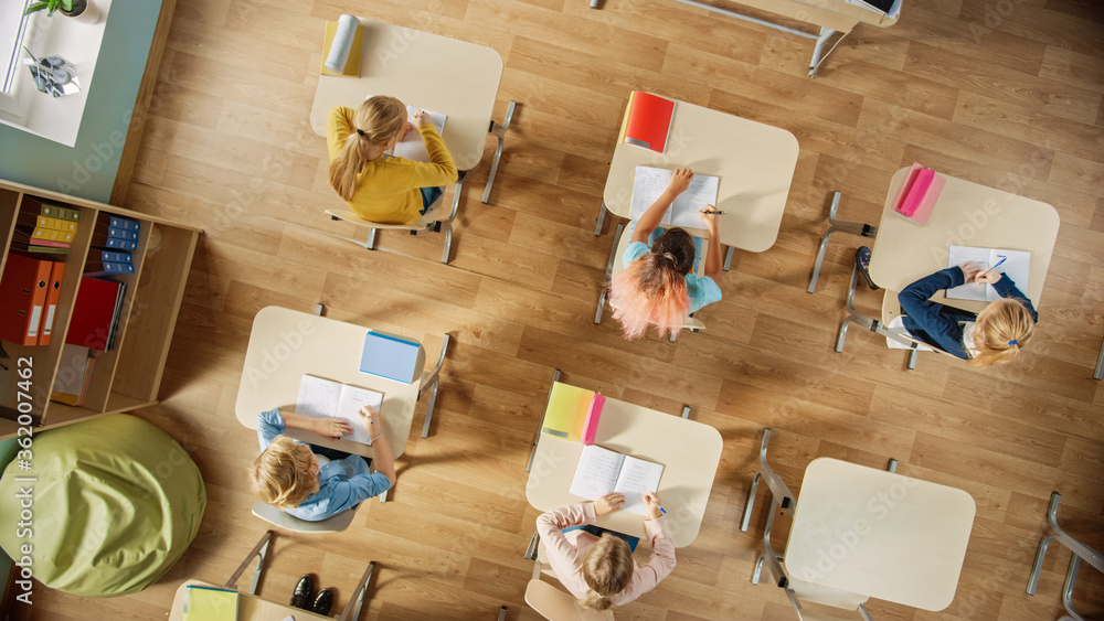 Elementary School Classroom: Children Sitting at their School Desk Working on Assignments in Exercis