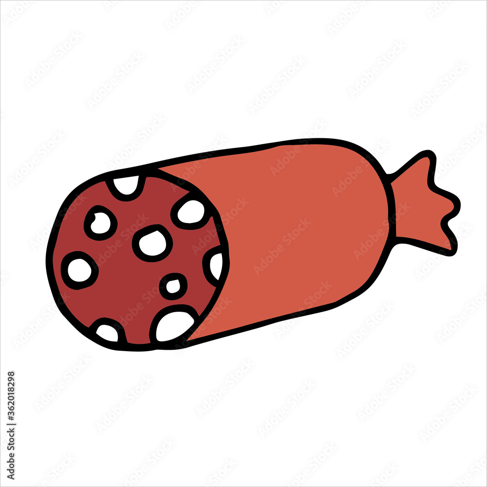 
vector illustration in doodle style, cartoon. clip art sausage. Cute icon of sliced ​​sausage, meat