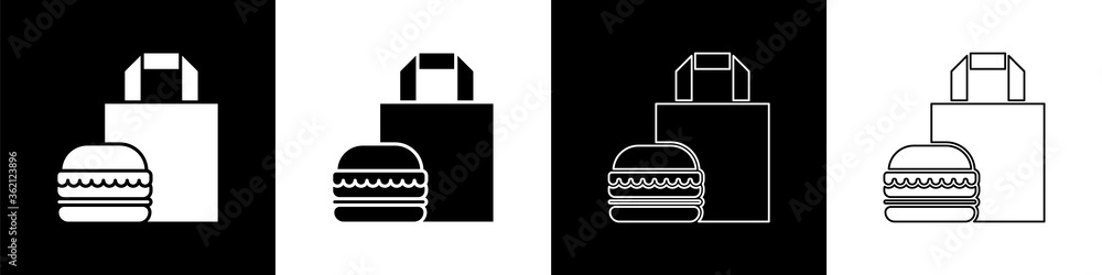 将在线订购和汉堡配送图标隔离在黑白背景上。Vector Illustra