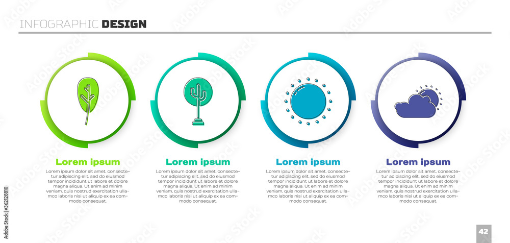 设置树叶、树、太阳和云天气。商业信息图模板。矢量。