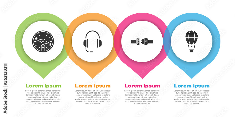 套装指南针、带麦克风的耳机、安全带和热气球。商务信息图templ
