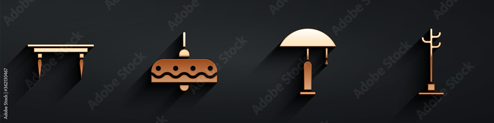 Set Wooden table, Chandelier, Table lamp and Coat stand icon with long shadow. Vector.