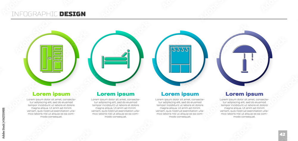 设置衣柜、床、衣柜和台灯。商业信息图模板。矢量。
