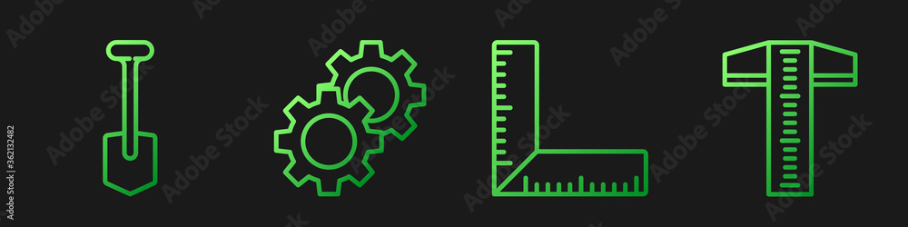 设置线条角尺、铲子、齿轮和T形正方形线条。渐变色图标。矢量。