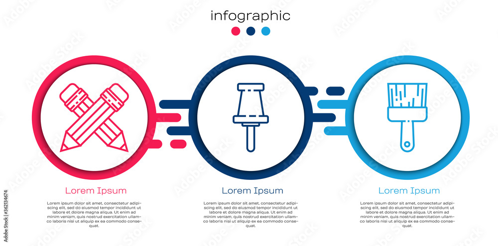 Set line Crossed pencil with橡皮擦，图钉和画笔。商业信息图模板。Vector