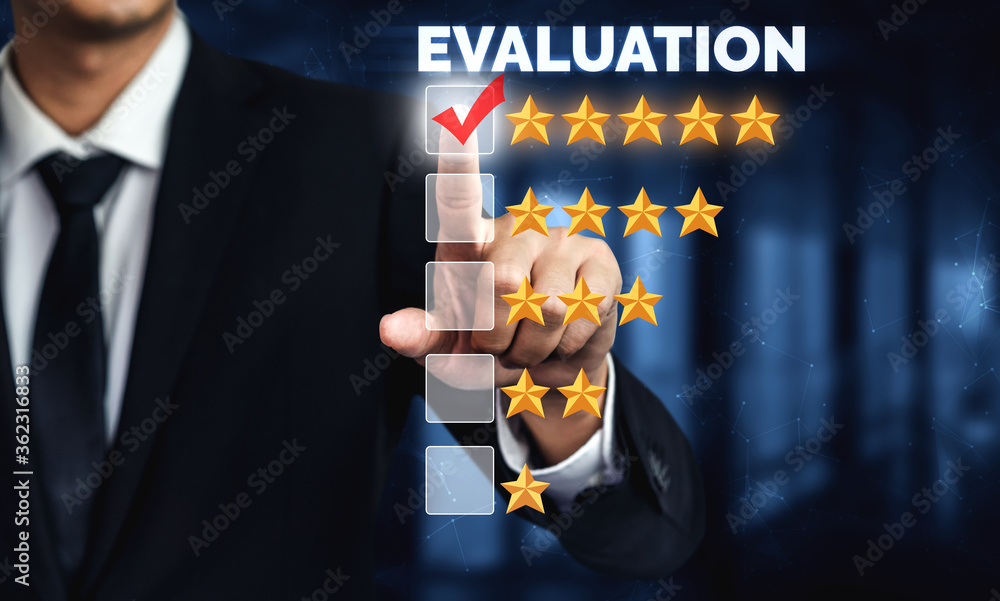 Customer review satisfaction feedback survey concept. User give rating to service experience on onli