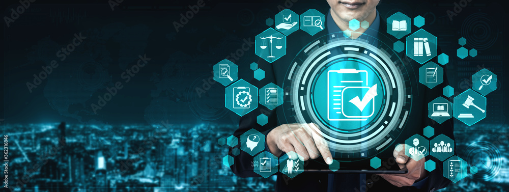 Compliance rule law and regulation graphic interface for business quality policy planning to meet in