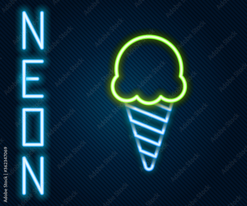 Glowing neon line Ice cream in waffle cone icon isolated on black background. Sweet symbol. Colorful