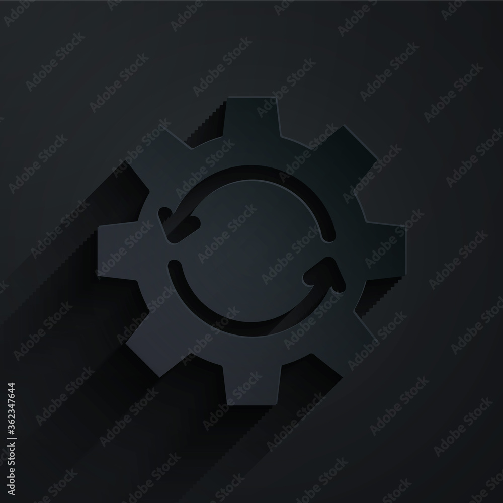 Paper cut Gear and arrows as workflow concept icon isolated on black background. Gear reload sign. P