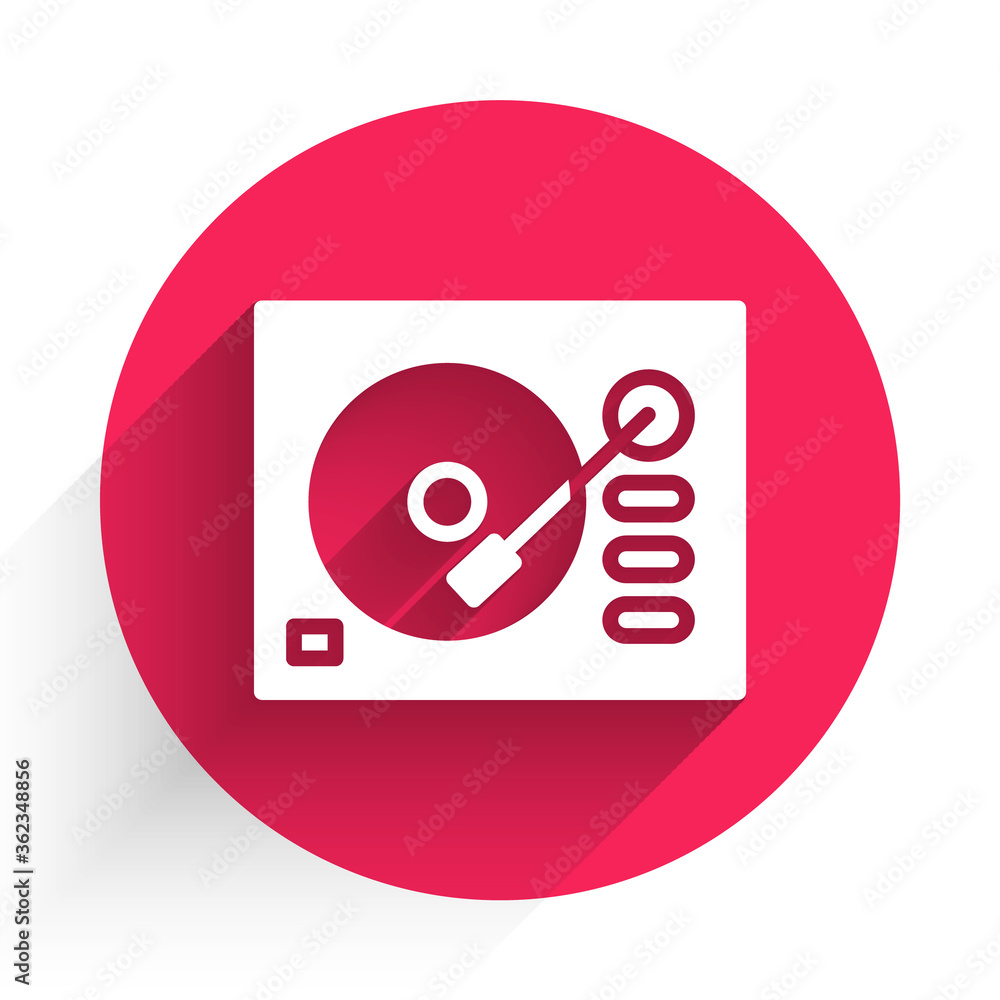 White Vinyl player with a vinyl disk icon isolated with long shadow. Red circle button. Vector Illus