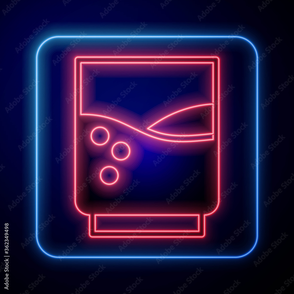 Glowing neon Glass with water icon isolated on blue background. Soda glass. Vector Illustration.