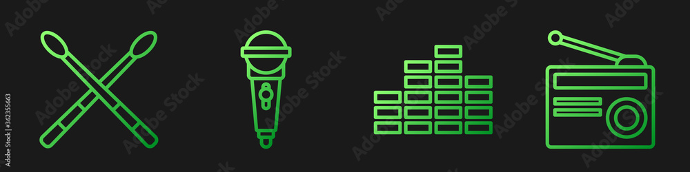 设置线路音乐均衡器、鼓槌、麦克风和带天线的收音机。渐变色图标。Vect