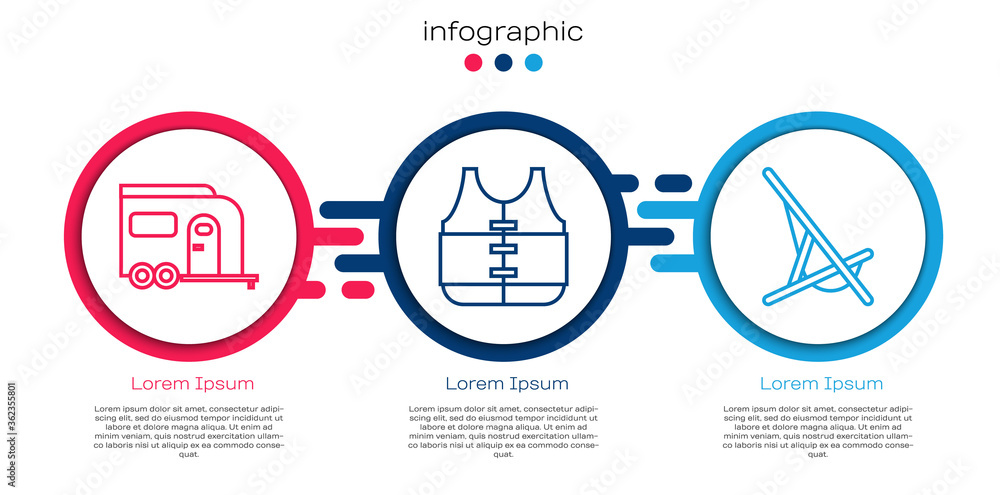 设置线Rv露营拖车、救生衣和日光浴床。商业信息图模板。矢量。