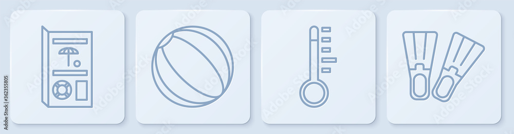 设置线路旅行手册，气象温度计，沙滩球和橡胶脚蹼。白色方形屁股