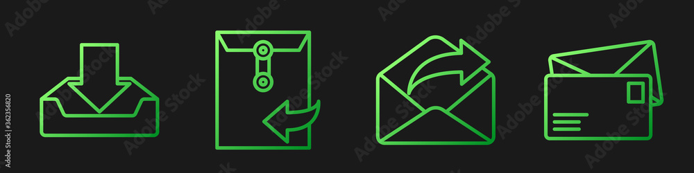 Set line Outgoing mail, Download inbox, Envelope and Envelope. Gradient color icons. Vector.