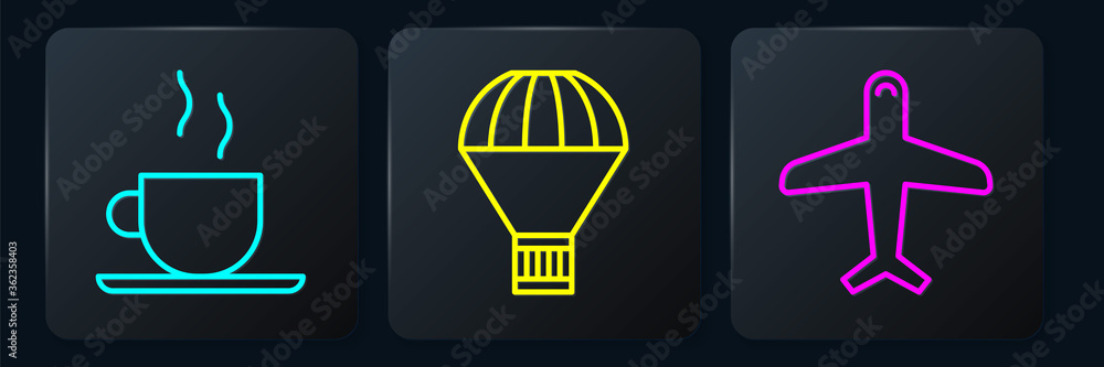 Set line Coffee cup, Plane and Box flying on parachute. Black square button. Vector.