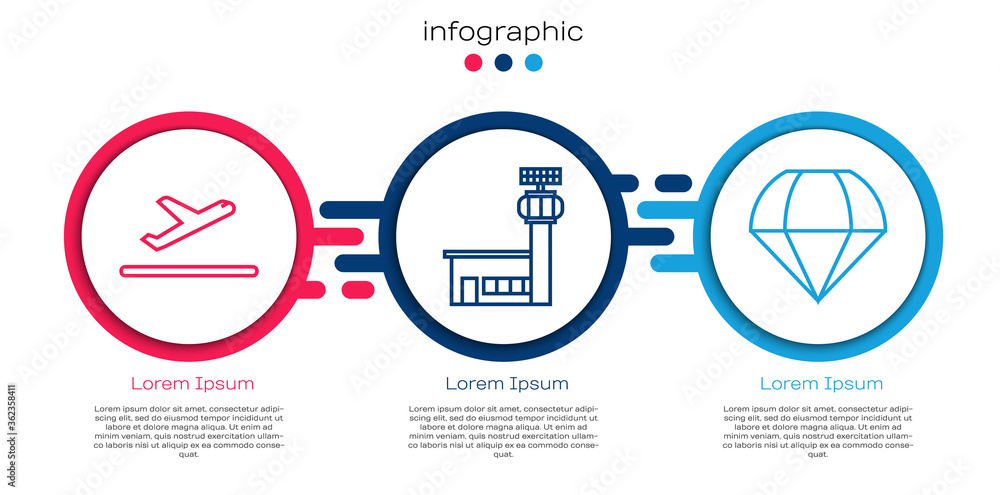 设置线路飞机起飞、机场控制塔和降落伞。商业信息图模板。矢量。