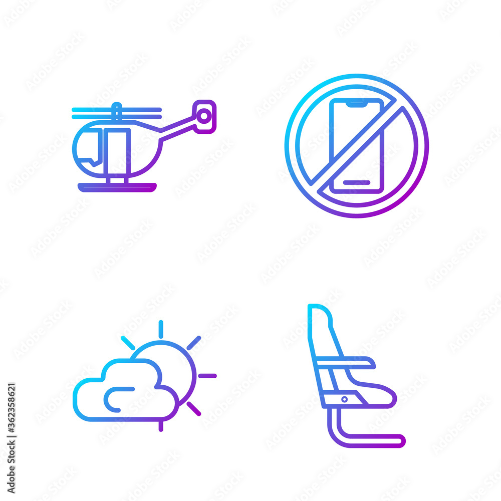 Set line Airplane seat, Sun and cloud weather, Helicopter and No cell phone. Gradient color icons. V