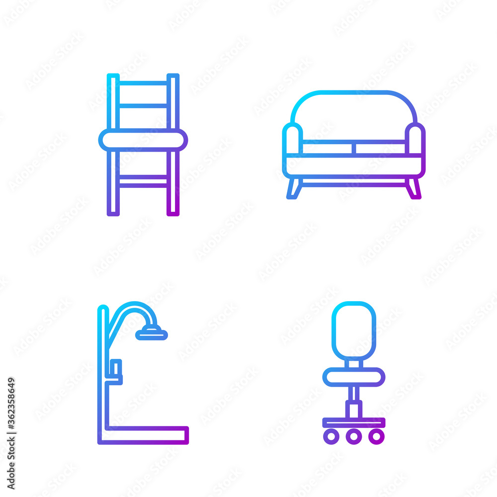 Set line Office chair, Shower, Chair and Sofa. Gradient color icons. Vector.