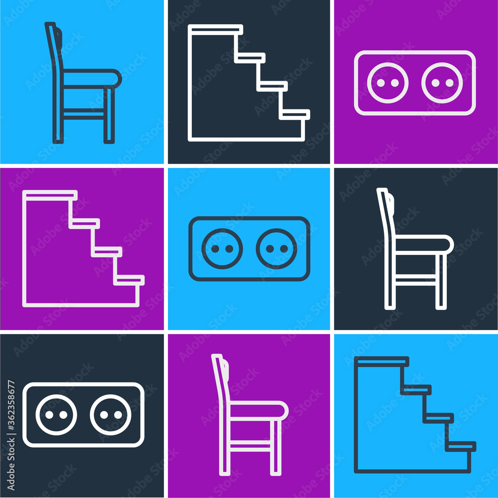 Set line Chair, Electrical outlet and Staircase icon. Vector.