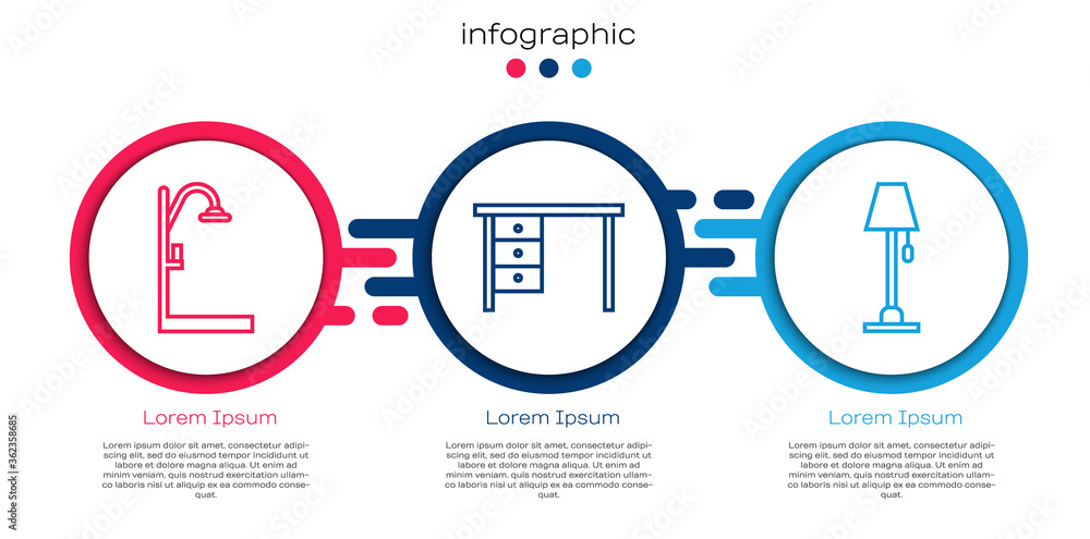 设置线淋浴器、办公桌和落地灯。商业信息图模板。矢量。