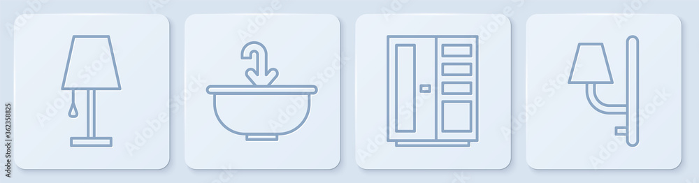 设置行台灯、衣柜、带水龙头的洗手盆和壁灯。白色方形按钮。矢量