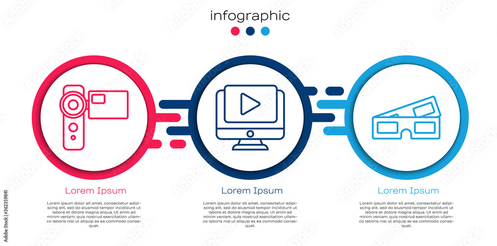 在线影院摄像机、在线播放视频和3D影院眼镜。商业信息图模板。Vect