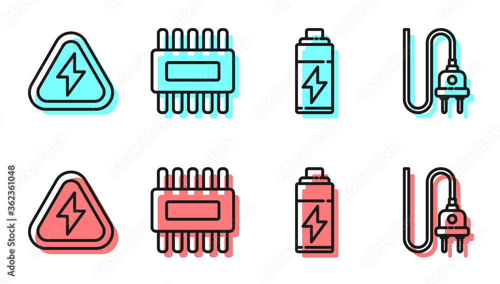 设置线路电池，高压，带微型电路的处理器CPU和电气插头图标。矢量。