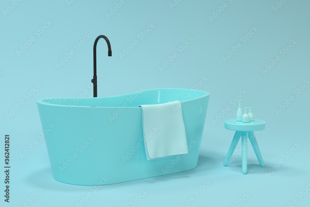 Cartoon bathtub with blue background, 3d rendering.