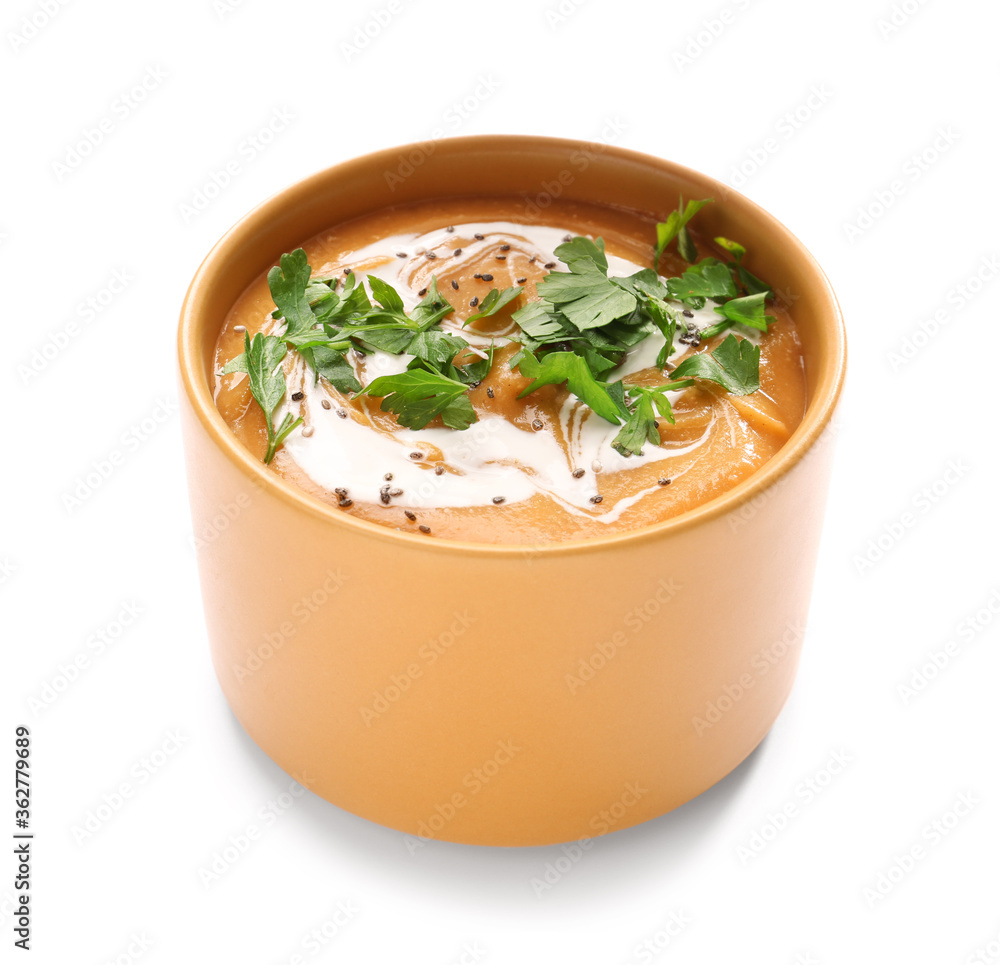 Bowl of tasty lentils soup on white background