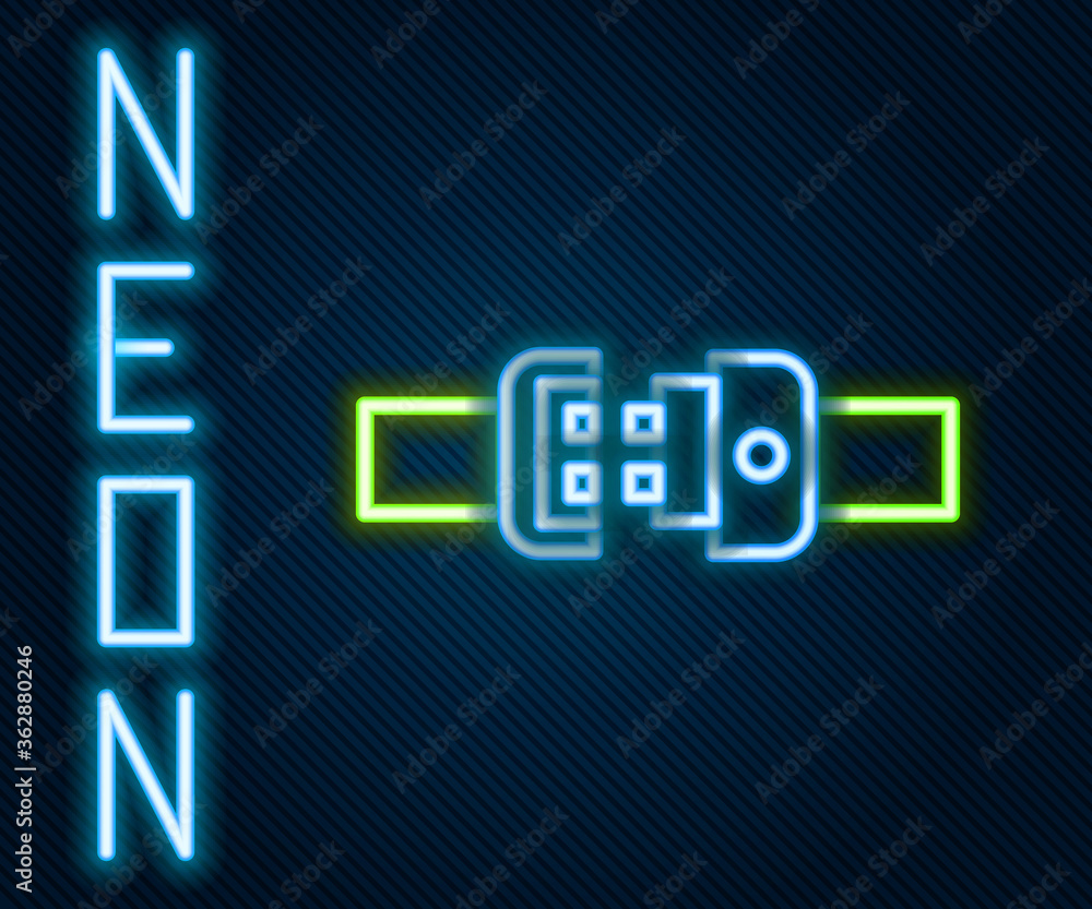 Glowing neon line Safety belt icon isolated on black background. Seat belt. Colorful outline concept