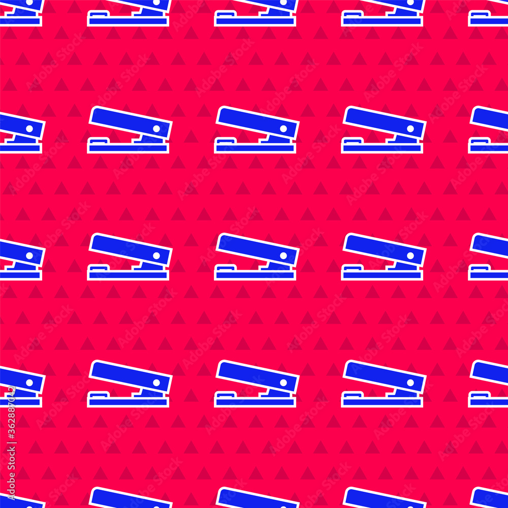 Blue Office stapler icon isolated seamless pattern on red background. Stapler, staple, paper, cardbo