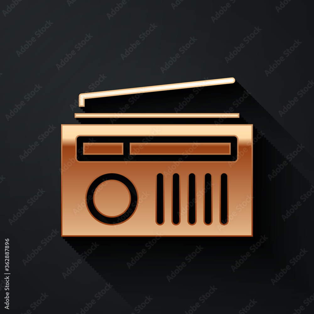 Gold Radio with antenna icon isolated on black background. Long shadow style. Vector Illustration.