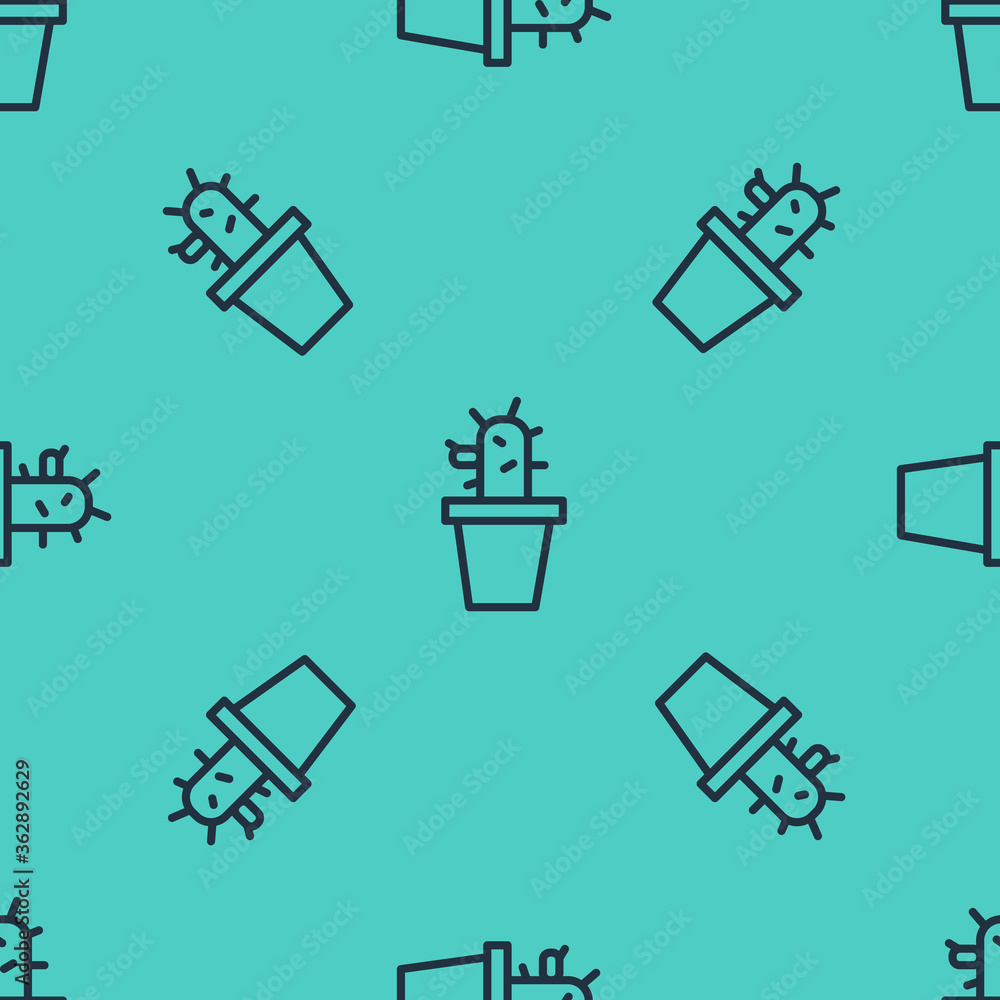 Black line Cactus and succulent in pot icon isolated seamless pattern on green background. Plant gro