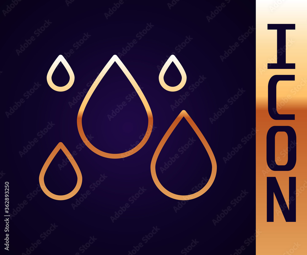 Gold line Water drop icon isolated on black background. Vector Illustration.