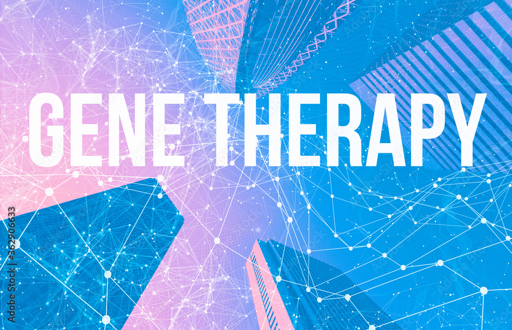 Gene Therapy theme with abstract network patterns and skyscrapers