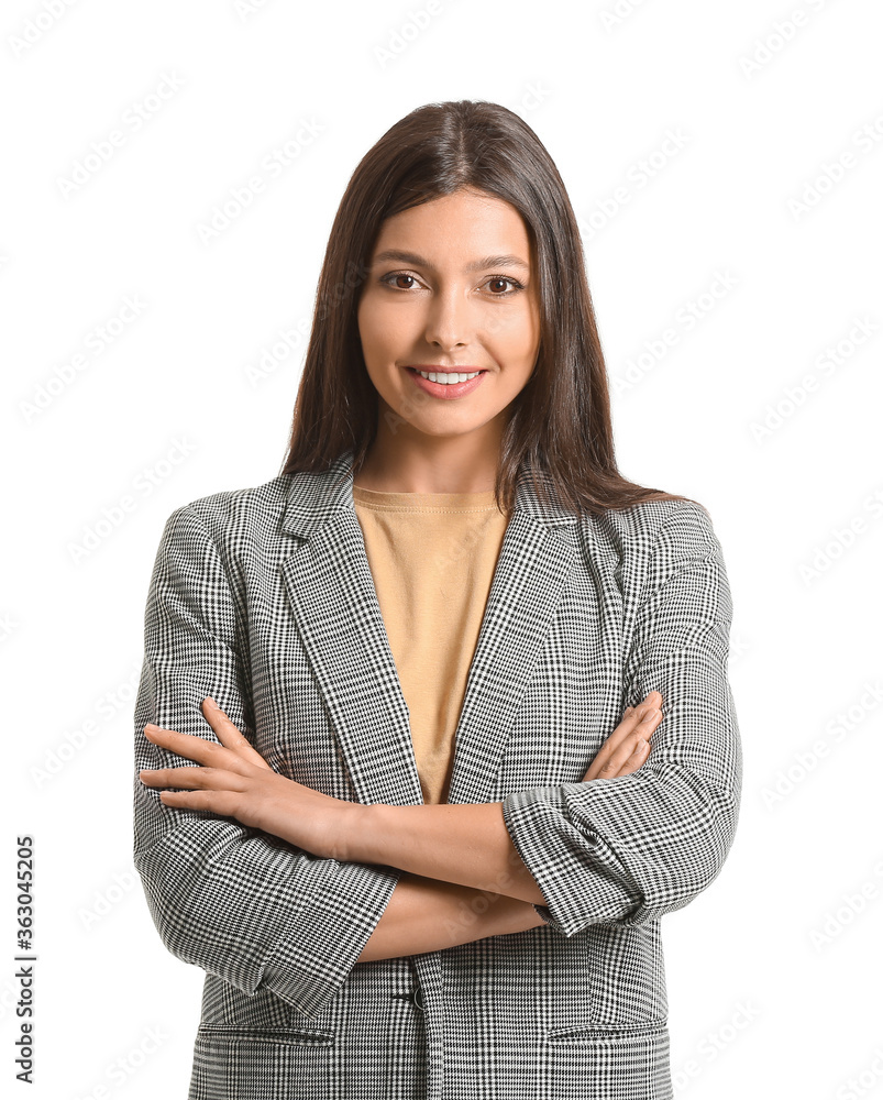 Portrait of young businesswoman on white background