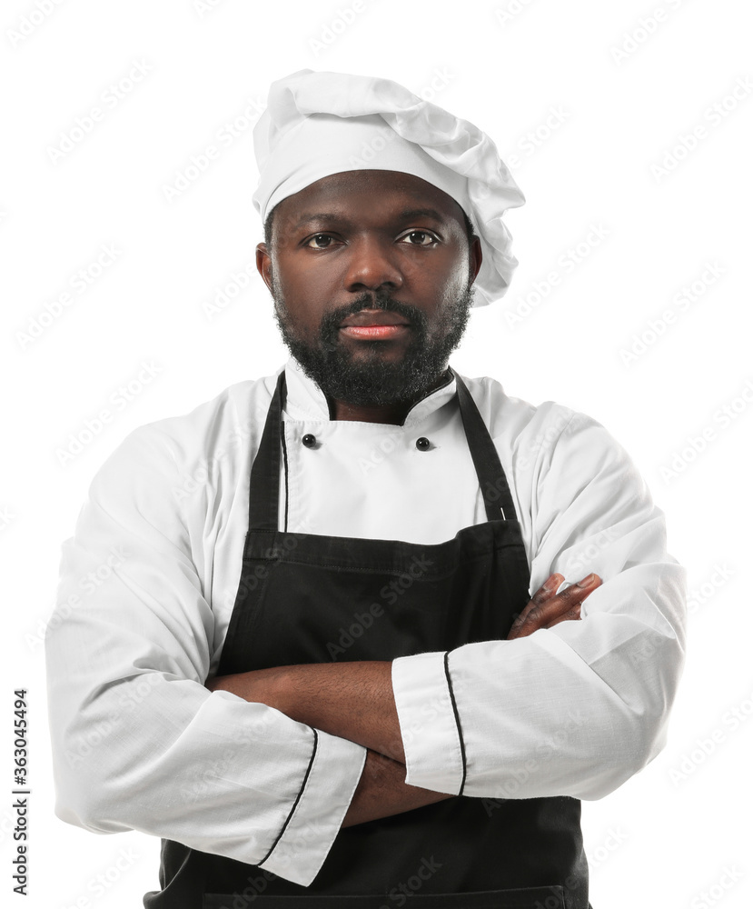 Male African-American chef on white background