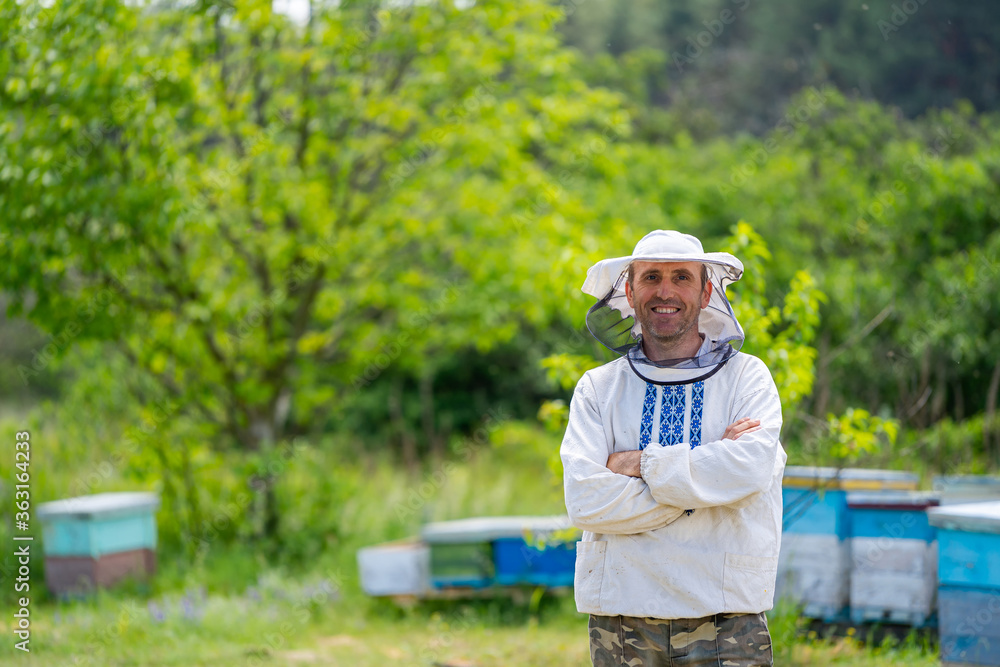 The beekeeper stands crosshands near apiary. Apiculture. Apiary.