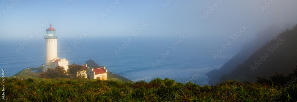 North Head Lighthouse in the fog, on the south Washington coast at the mouth of the Columbia River.