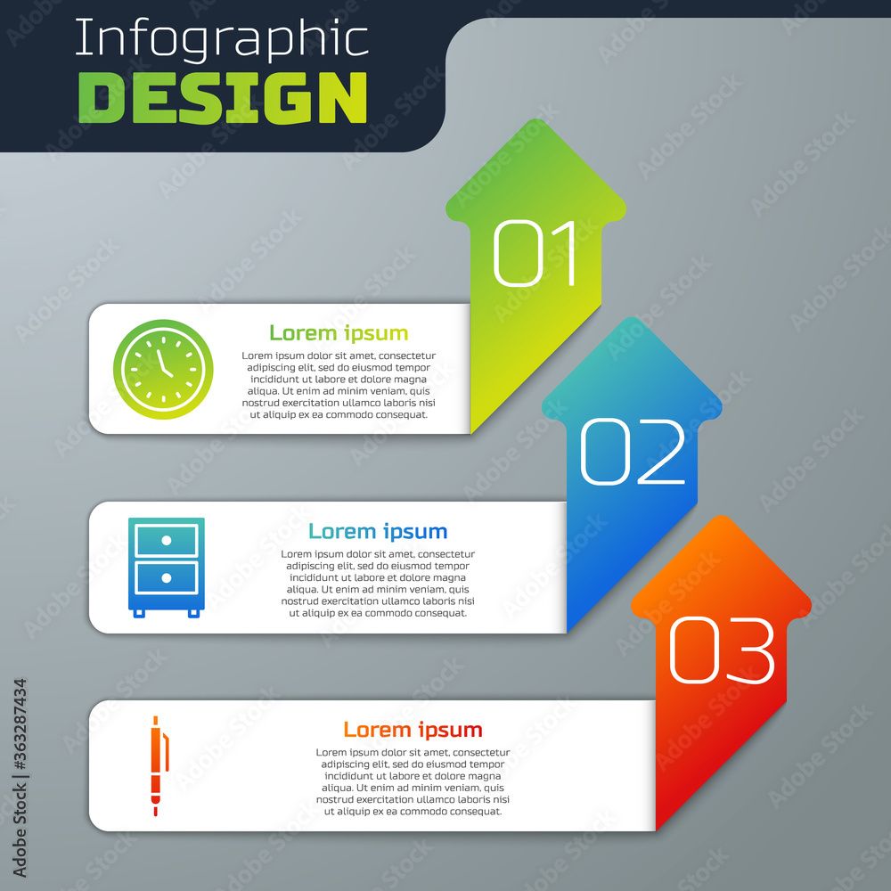 设置时钟，带文档和笔的抽屉。商业信息图模板。矢量。