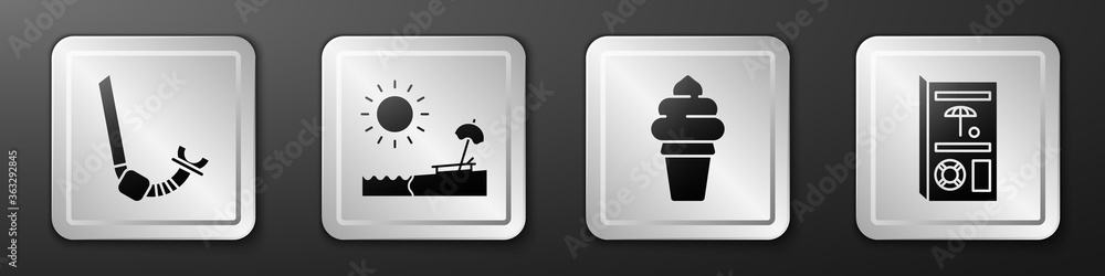 Set Snorkel, Beach with umbrella and chair, Ice cream in waffle cone and Travel brochure icon. Silve