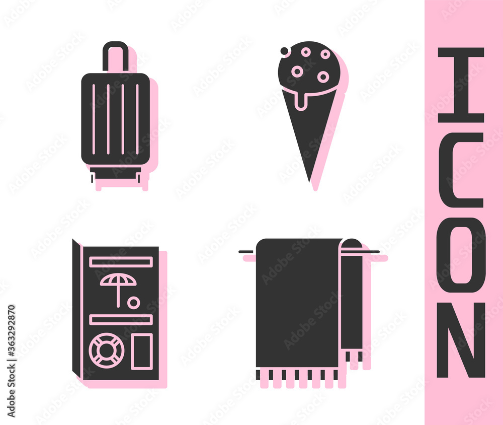 Set Towel on a hanger, Suitcase, Travel brochure and Ice cream in waffle cone icon. Vector.