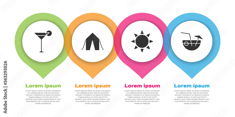 Set Martini glass, Tourist tent, Sun and Coconut cocktail. Business infographic template. Vector.