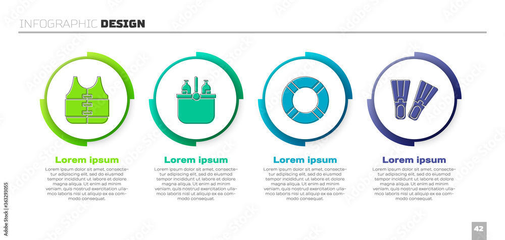 设置救生衣、冷却袋和水、救生圈和橡胶鳍状物。商业信息图模板。