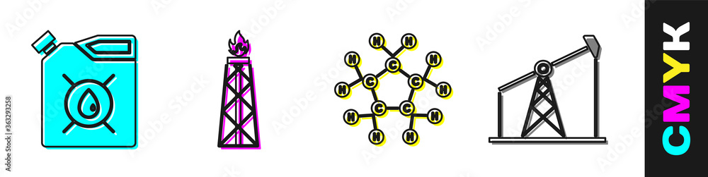 Set Canister for motor machine oil, Oil rig with fire, Molecule oil and Oil pump or pump jack icon. 