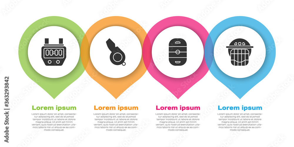 设置秒表、口哨、冰球场和冰球头盔。商业信息图模板。矢量。