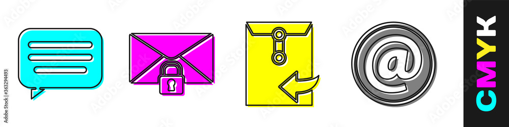 设置语音气泡聊天、邮件锁定密码、信封和邮件以及电子邮件图标。矢量。